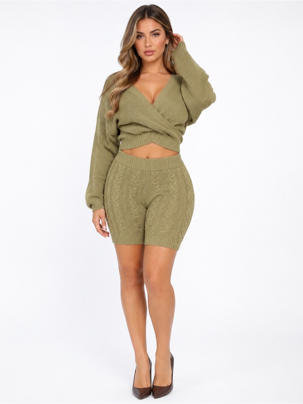 J Brown Olive Cable Knit Biker Shorts Small High Rise Stretch Sweater Lounge